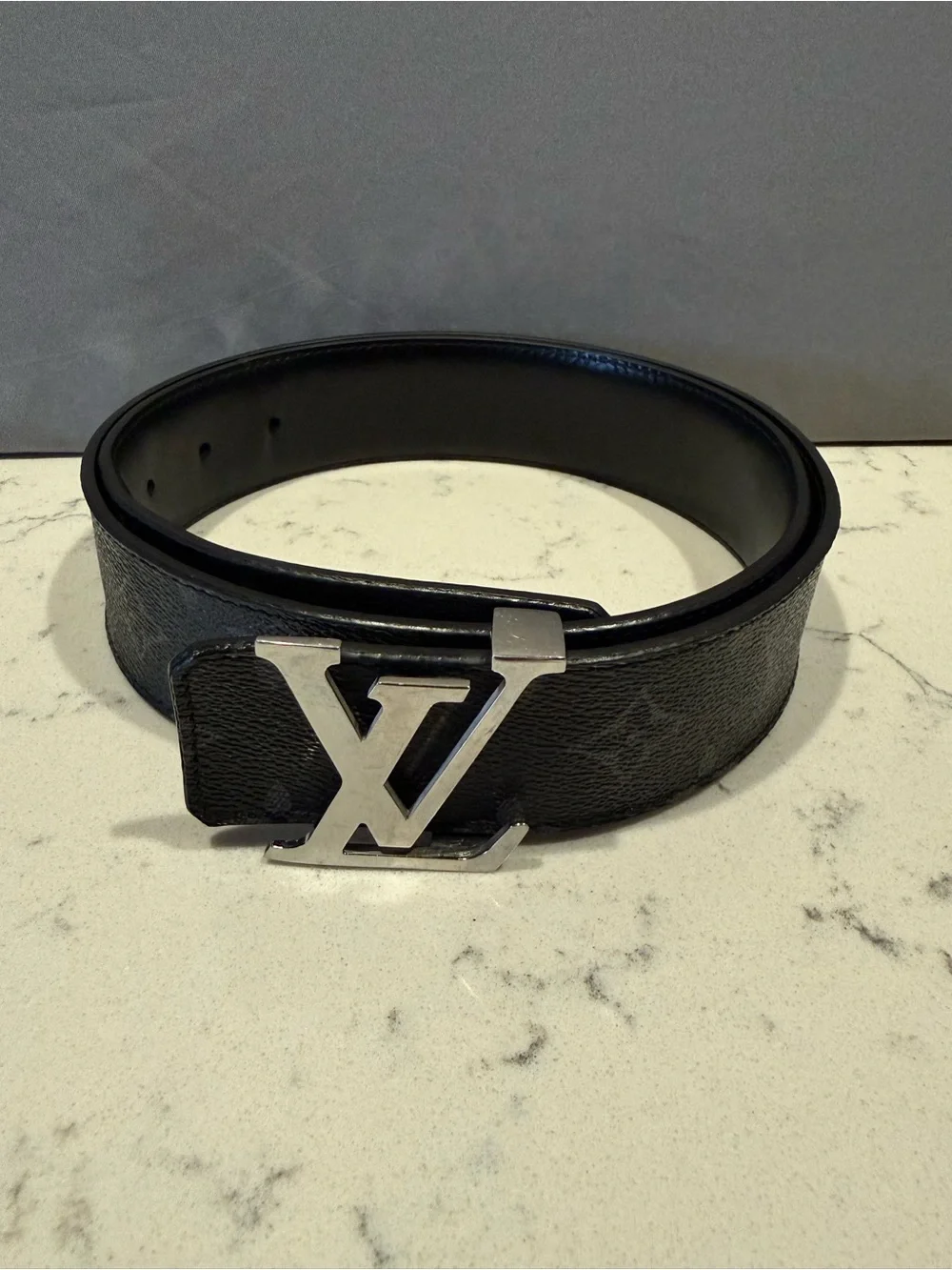 Louis Vuitton Black Leather Textured Belt with Subtle Monogram